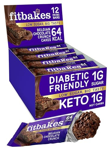 Fit bakes 64 Calories Belgian Chocolate Mini Bars (12x19g) Diabetic Chocolate Keto Snack, 1 Net Carb Low Sugar Crunch Cake, Diabetic Sweets Biscuits, Low Calorie Snack, No Added Sugar, Fitbakes