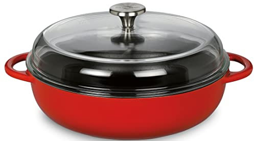 Küchenprofi PROVENCE Gusseisenpfanne rund | emailliert | rot/innen schwarz | 24 cm | mit hohem Glasdeckel | für alle Herdarten, inkl. Induktion geeignet | Schmortopf | Bräter mit Deckel