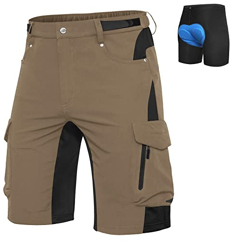 Ally Mens Mountain Bike Shorts 4D Padded Lightweight Quick Dry Stretch Loose-fit with 6 Pockets for Cycling Biking Bicycle Riding Biker (Khaki, Large)