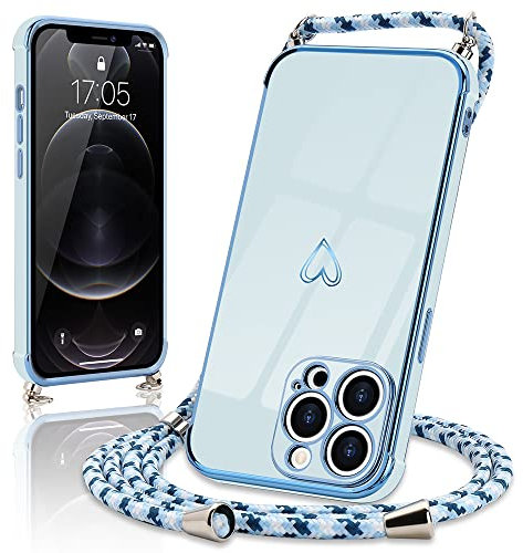Micoden Handykette kompatibel mit iPhone 13 Pro Max hülle Ultra dünn Kameraschutz Herz Love Design Galvanik TPU Silikon Bumper Kordel zum Umhängen Handyhülle mit Band Schutzhülle,Blau