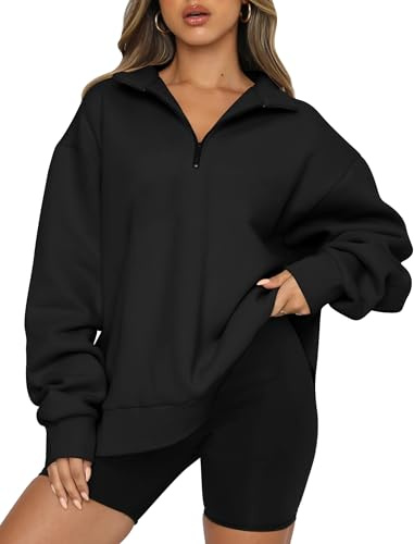 Trendy Queen Felpe Oversize da Donna con Cappuccio alla Moda Autunnale con Mezza Zip Pullover a Maniche Lunghe Camicie Vestiti Abiti, Nero, Medium