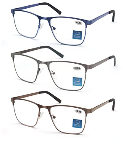 MODFANS 3 Paire de Lunettes de Lecture 2.0 Homme Anti Lumiere Bleue - Monture Rectangle en Metal Acier Inoxydable Lunettes de Vue Lunettes Loupe Gris-Bleu-Marron