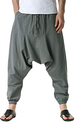 Oanviso Pantalon pour Homme avec Poches Pantalon Harem Pantalon Confortable Pantalon de Mode Unicolore Casual Hippies Baggy Pantalon Taille Élastique avec Cordon de Serrage A Gris Foncé S