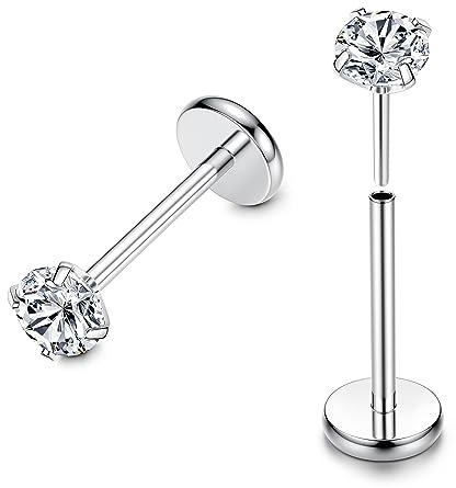 FIOROYAL G23 Titanium Labret Studs Cartilage Earrings 20G Threadless Push in Medusa Piercing Studs Clear CZ Nose Stud Flat Back Earrings Nose Labret Lip Tragus Helix Piercing Jewellery