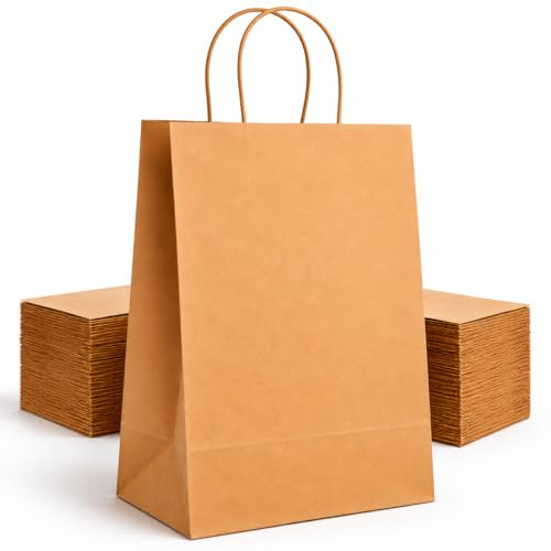 HURUC 50 Pcs Brown Paper Bags With Handles,130GSM Large Paper Gift Bags for Present, Eco-Friendly Kraft Carrier Bags, Christmas, Easter, Birthday Parties, Retail, 25x31x12cm