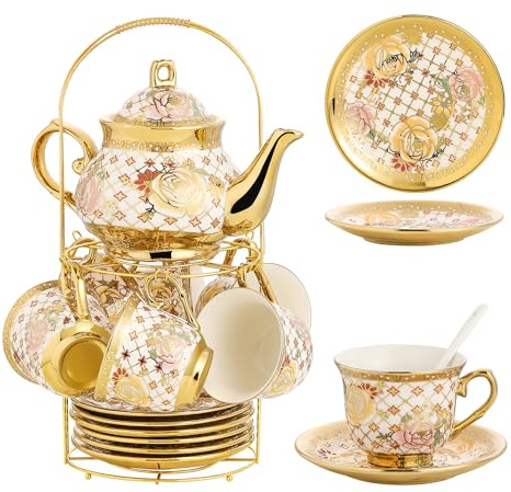 20 Pieces Porcelain Tea Set With Metal Holder, European Ceramic tea set for adults,Flower Tea Set,Tea Set For Women With Flower Painting