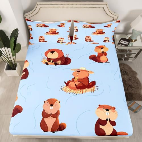 Cartoon Beavers Bed Sheet Set Cute Wild Animals Fitted Sheet Set for Teens Room Decor Rustic Style Beavers Bedding Set Brown Blue Bed Cover with Deep Pocket,No Flat Sheet,Twin Szie
