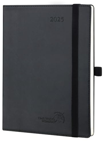 POPRUN Kalender 2025 Wochenplaner Softcover mit PU-Leder, ca. A5 (22 x 16,5 cm), 12-Monate-Terminplaner (Jan.2025-Dez.2025) 1 Woche 2 Seite mit 100 GSM FSC®-Zertifiziertem Papier - Schwarz