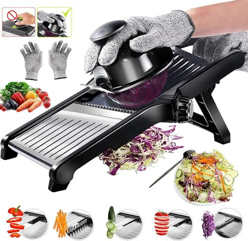 MEETOZ Mandoline Food Slicer, Adjustable Stainless Steel Food Vegetable Potato Onion Slicer French Fry Cutter, Tomato Slicer with Cut-Resistant Gloves & Cleaning Brush