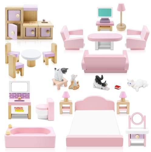 28Pcs Wooden Dollhouse Furniture Set Kids Pretend Play Doll House Miniature