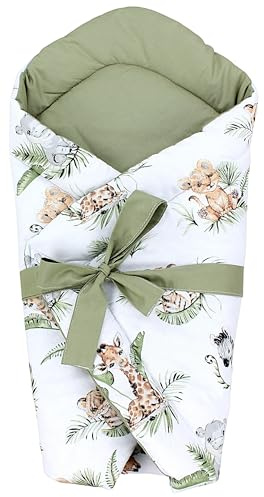 TupTam Unisex Baby Einschlagdecke mit Schleife, Farbe: Safari/Löwe/Braun/Blätter/Grün, Größe: 70 x 70 cm