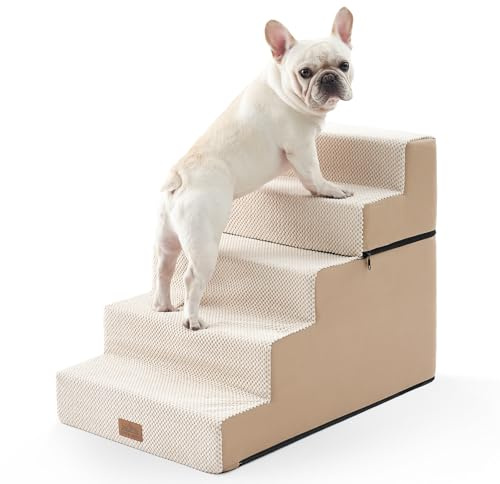 COZY KISS Wide Dog Stairs for Bed & Sofa, Non-Slip Dog Steps for Small & Medium Dogs, Washable Pet Steps with Removable Cover, Supportive Foam 5-Step Pet Stairs for Older Dogs, Cats, Beige, 75x50x60cm