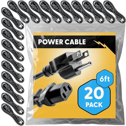 UL Approved 6ft Universal Power Cord (20 Pack) - IEC C13 to NEMA 5-15P Computer Monitor Cable for IT Departments, Data Centers & Bulk Purchasing - 18AWG 10A 125V