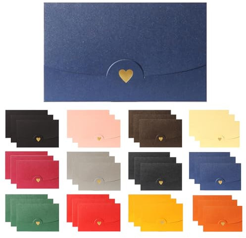 Packung mit 36 Mini-Umschlägen, bunte Umschläge aus Kraftpapier, Blanko-Grußkarten mit herzförmigem Verschluss für Hochzeitseinladungen Grußkarten Geschenk DIY Craft