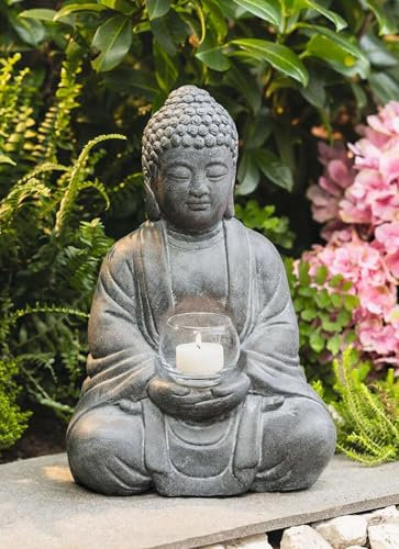 Dekoleidenschaft Dekofigur Buddha Erleuchtung aus Zement in Stein-Optik mit Windlichtglas, 33 cm hoch, Gartendeko für Draußen