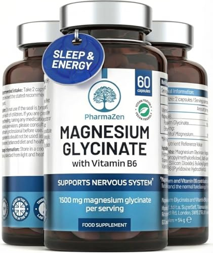 Magnesium Glycinate High Strength 1500mg - High Absorption, Easy to Digest - UK Made Supplement for Sleep & Energy - Mag Bisglycinate with Vitamin B6 Tablets - 300mg Elemental Magnesium - 60 Capsules