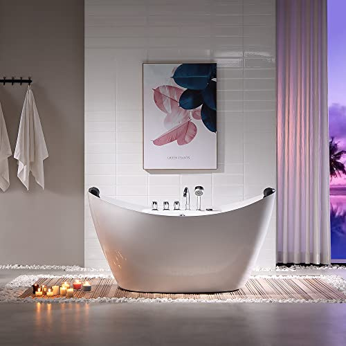 Empava Whirlpool Bathtub, 67-Inch Freestanding Bathtub Oval with 8 Hydromassage Adjustable Water Jets Luxury Acrylic Massage SPA Soaking Bath Tub in Double Ended, White