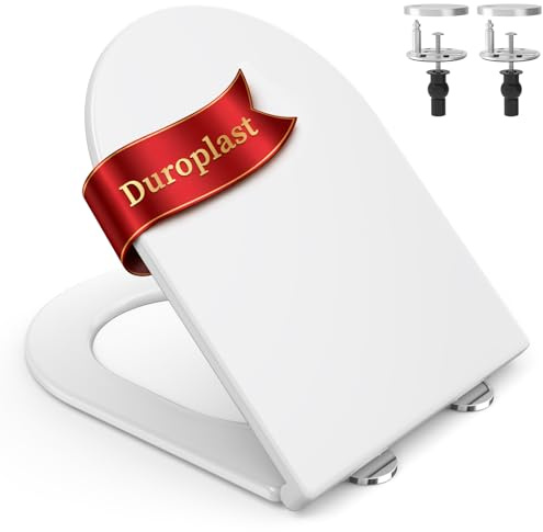 SURFOU Tapa WC Universal en Forma de D, Asiento de Inodoro de Duroplast con Cierre Suave, Soporta hasta 200 kg, Desmontaje Rápido para Limpieza Fácil, con Gomas para Fijación Estable