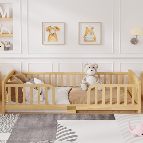 XINGNING Golvsäng för barn av furu med skyddsgaller Montessori golvsäng med säkerhetsräcke och mittingång för barnrum (naturlig + tall)
