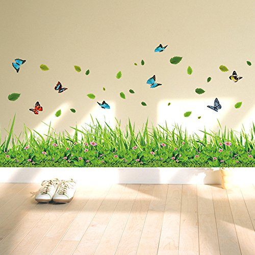 ufengke® Verde Erba Fiori Farfalle Adesivi Murali, Camera da Letto Soggiorno Baseboard Adesivi da Parete Removibili Stickers Murali Decorazione Murale