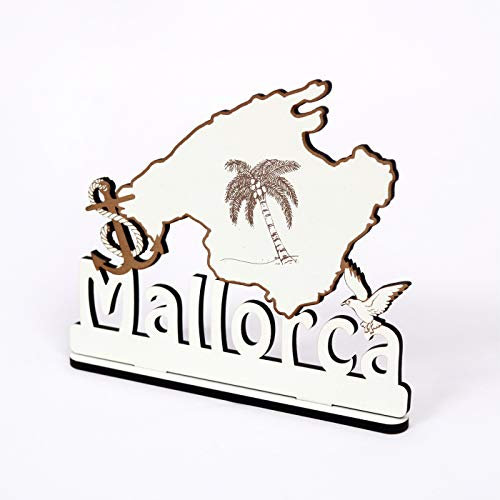 Schild MALLORCA - zum Hinstellen - Aufsteller mit Inselumriss Palme Anker Möwe weiß graviert 20 x 17 cm