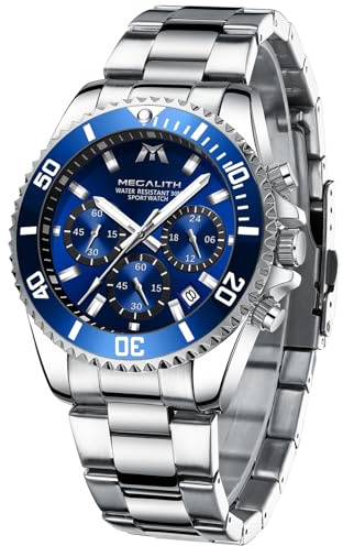 MEGALITH Silver Watches Men Chronograph: Stainless Steel Stylish Blue Face