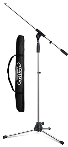 Pronomic Pied Microphone MS-25C Pro Set Sac - Perche Réglable En Longueur Et Inclinaison - Pinces Et Vis Robustes - 2 Clips Câbles Et Filetage Réducteur - Pack Économique Avec Sac Adapté - Chrome
