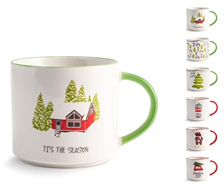 H&H Set 6 Tazze Jumbo in New Bone China, Decori Natalizi, Assortiti, cc500