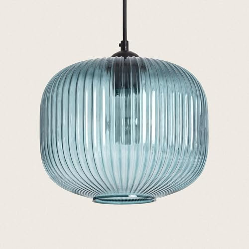 LEDKIA LIGHTING - Lámpara Colgante de Cristal Modra | Iluminación Versátil E27 | Para Salón, Dormitorio y Cocinas | Acabado Transparente y Relieves | 40W Máx., Azul, Vidrio