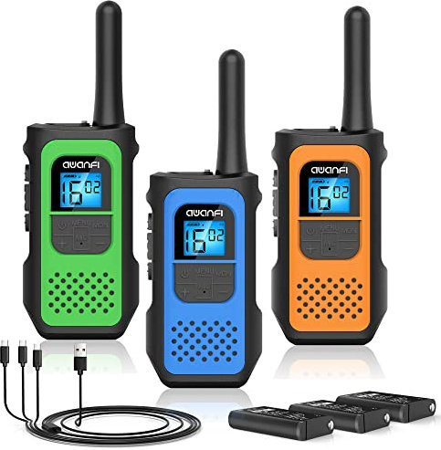 AWANFI Walkie Talkie Aufladbar mit 1200mAh Li-ion Akku, Walkie Talkie 3er Set, Walkie Talkie Kinder Erwachsene, Funkgeräte Set mit 16 Channels VOX, Walky Talky für Camping Abenteuer Geschenk