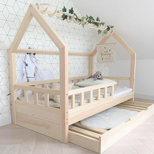 Bell Nuo - Cama Casita 90x160 Con Cajones Madera Natural - Para Niños - Infantil Con Barrera - Baja