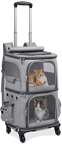 HOVONO Extra Large Double-Compartment Pet Carrier Backpack with Wheels for Small Dogs and Cats, Cat Rolling Carrier for 2 Cats, Perfect for Traveling/Taking a Walk/Trips to The Vet, Grey