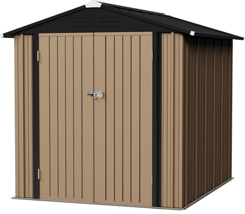 Flamaker 6x8 FT Storage Shed Waterproof Metal Garden Shed with Lockable Door Utility Tool Shed Outdoor Storage for Backyard, Patio and Lawn, Brown