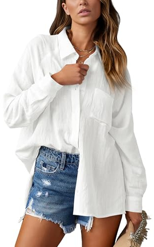 NONSAR Blusa elegante para mujer con cuello en V, manga larga, camisa informal, camisas casuales, túnica, elegante, con bolsillo, Blanco, M