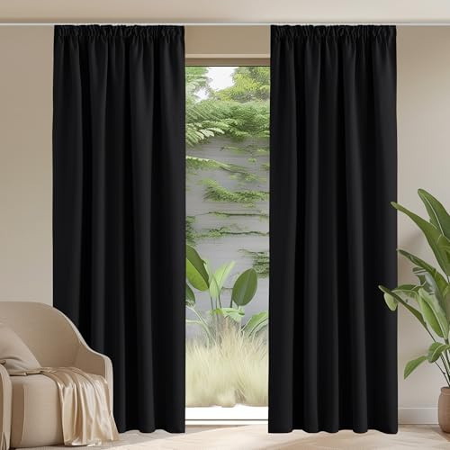 PONY DANCE Blackout Pencil Pleat Curtains, Black, W66 x L84 Inch, 2 Panels