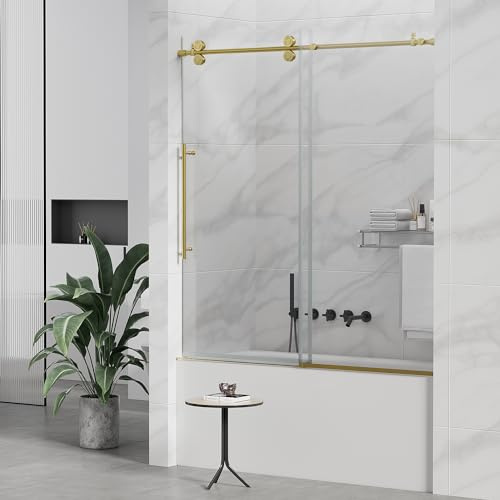Sunrosa 60 W x 60 H Frameless Tub Shower Door, Sliding Tub Door with Handle, Glass Bathtub Shower Door with 5/16 (8mm) Clear SGCC Tempered Glass, Brushed Gold
