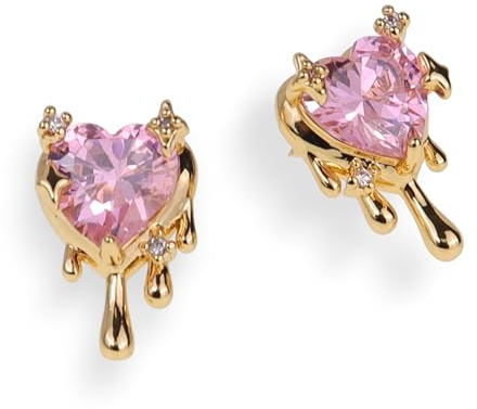 JeanBeau Pink Crystal Heart Gold Valentine Stud Earrings for Women, Small Cute Rhinestone Cubic Zirconia Love Heart Earing Wedding Prom Holiday Jewelry Gift