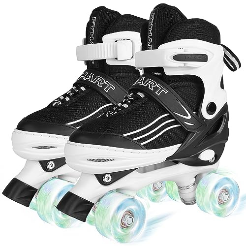HXWY Boys Roller Skates for Girls Kids Child, Adjustable 4 Sizes Quad Roller Skates for Kids & Youth with Light Up Wheels for Sports, Black & White (Large-Youth 4-7)