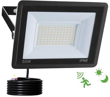 Fosingut 50W Faretto LED da Esterno con Sensore di Movimento,5000LM 96 LEDs Proiettori Faro LED Esterno con Radar Sensore Crepuscolare,3000K IP66 Impermeabile Faretti per Garage,Giardino,Cortile