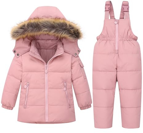 BRONG Invierno Niños Traje de Esquiar Unisexo Chaqueta Desmontable Capucha Abajo Abrigo con Pantalones de Nieve 2 Piezas Bebé Esquí Atuendo Colocar Rosa 4-5 Años