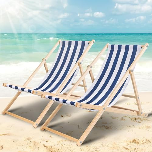 Ollewiellan 2er Set Liegestuhl Klappbar Holz, Blaue und Weiße Strandstuhl, Gartenliege Holz bis 120kg, Verstellbar & Wetterfest, Holzklappstuhl Strandliege für Patio, Balkon, Strand