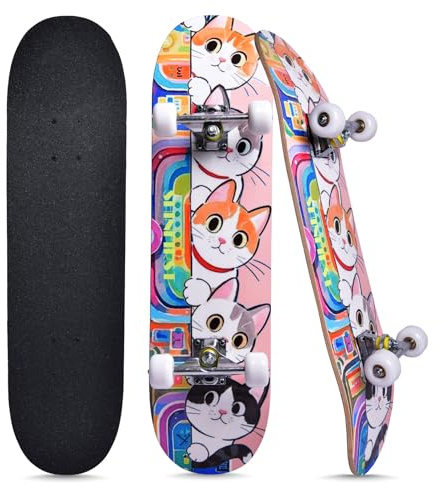 Skateboards for Beginners Kids Boys Girls Teens and Adults, 31 Inch Complete Standard Skateboards with 7-Layer Maple Double Kick Deck Unicorn and Skull Design (Cates)