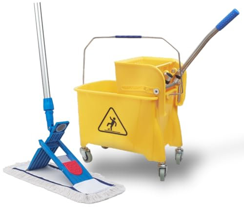 VIOVIE Kit complet de qualité supérieure de 50 cm et chariot de nettoyage avec fonction essorage | Balai en coton de 50 cm | Manche télescopique (90-160 cm) | Support magnétique avec système en 1 clic