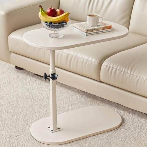 Adjustable Height C-Shaped Side Table - Slides Under Sofa, 360° Swivel Top, White (15.75x8.66)