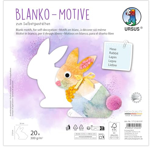 Ursus 1712 00 01F - Motivos en blanco Conejito, 20 piezas de cartón fotográfico de 300 g/m², 21,8 x 20 cm, papel de manualidades para colorear, pegar, recortar y autodiseñar