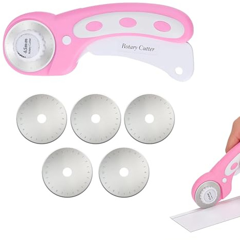 45mm Rotary Cutter with 5 Extra Blades, Rotary Cutter for Fabric, Fabric Cutters for Quilting, Leather Crafting, DIY Projects, Ergonomic Handle for Left and Right Hand Users