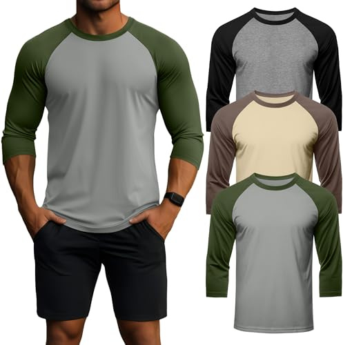 Geyoga Lot De 3 T-Shirts pour Homme À Manches 3/4, Col Rond, Style Baseball, Respirants Et Sportifs
