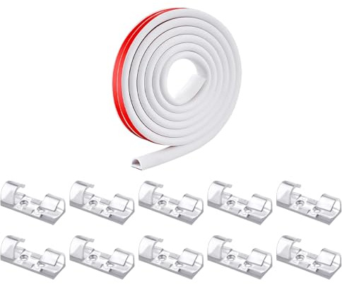 Vauki 3 m flexibel kabelkanal, vit, självhäftande kabelkanal, mjukt PVC-golv- och väggkabelkanal, 10 x genomskinliga plastklämmor, kabelorganisatör med dubbla glidskenor