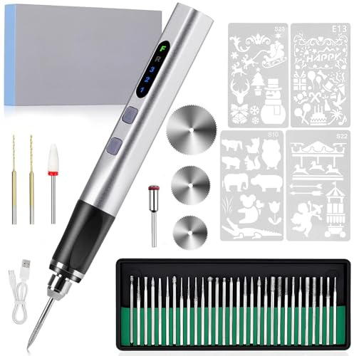 Cordless Engraving Pen, 3-Speed Electric Engraving Tool Kit, Engrave 50+ Surfaces, with 30 Small Drill bits, 7 Grinding Accessories and 4 Engraving Templates, USB Charging for Soft Wood Resin Jewelry