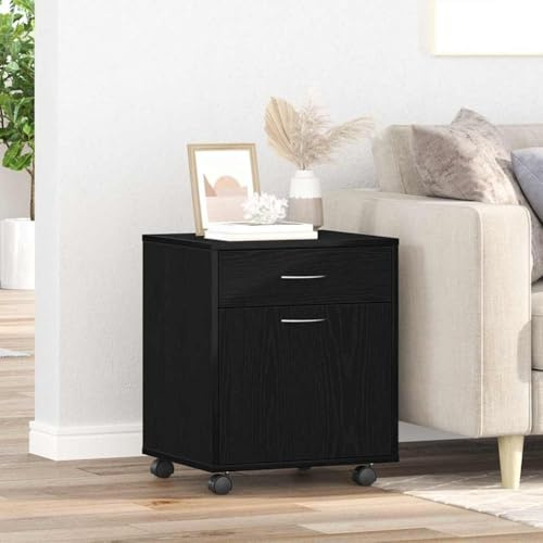 Augerlite Armoire à roulettes noire aspect chêne 45 x 38 x 54 cm avec tiroir et étagère, armoire de bureau avec porte, armoire de rangement pour documents, ménage, bureau et cave